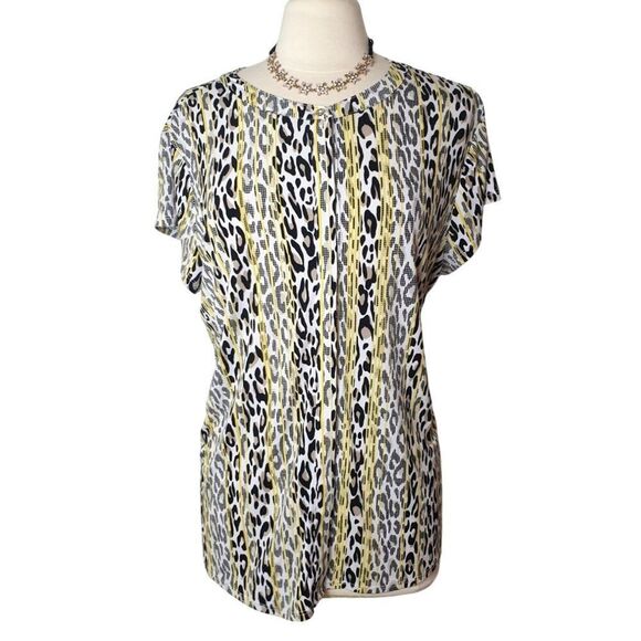 Dana Buchman XL Leopard Print Striped Short Sleeve Stretch Blouse Y2K Glam - Picture 1 of 6